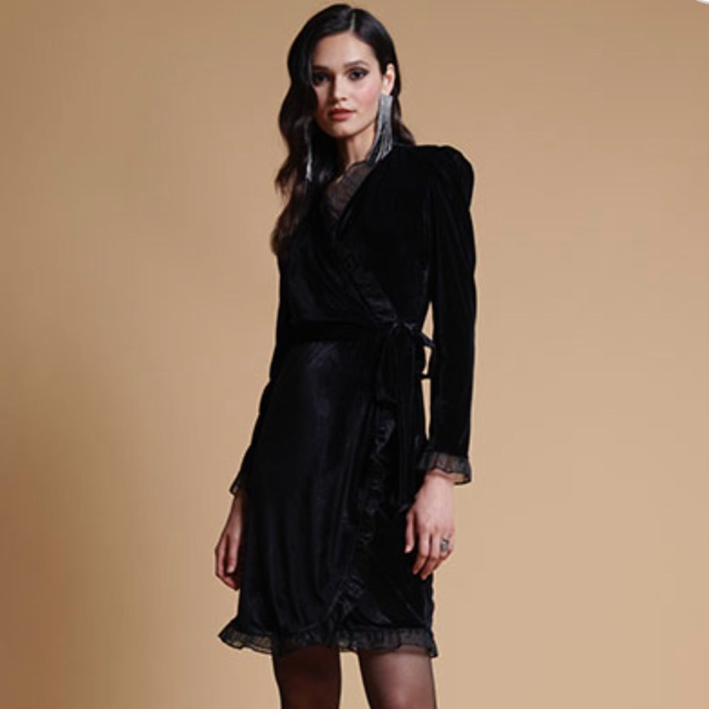 Rachel Parcell Black Velvet wrap dress with ruffle trim